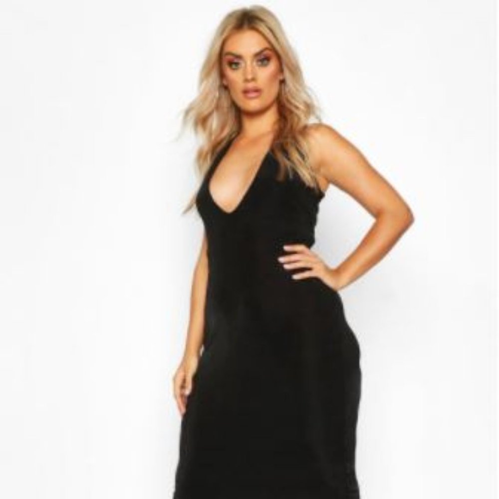 Plus Plunge Textured Slinky Midi Dress Black